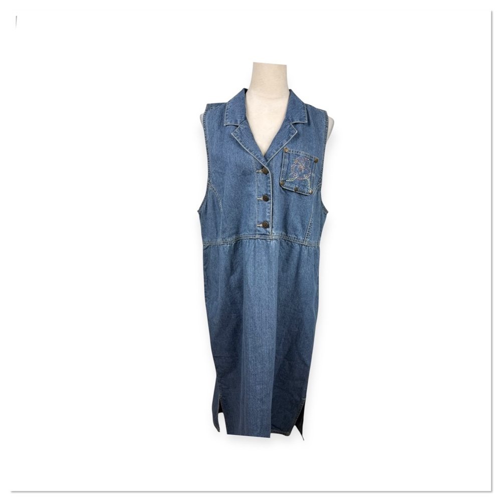 Quacker Factory Denim Dress with multi colored gem flower Size large - Picture 1 of 10